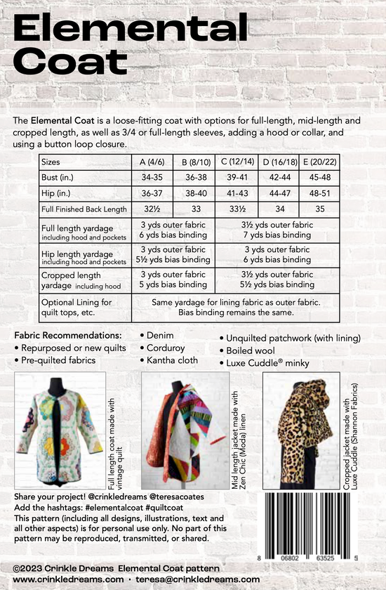 Elemental Coat quilt coat sewing pattern – Crinkle Dreams